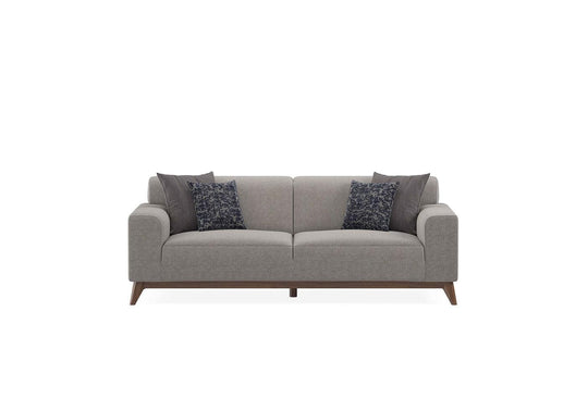 Netha 2 zitsbank in taupe met houten poten, vooraanzicht