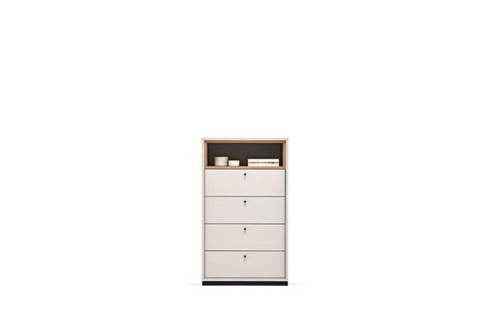 Loreto hoge comode van Enza Home in cremekleur met vier lades en een open bovenvak