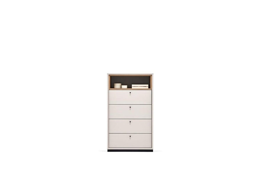 Loreto hoge comode van Enza Home in cremekleur met vier lades en een open bovenvak