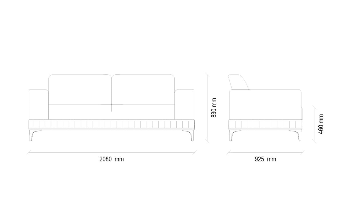 Maattekening van de Pavia 2 zitsbank, 2080 mm breed en 830 mm hoog