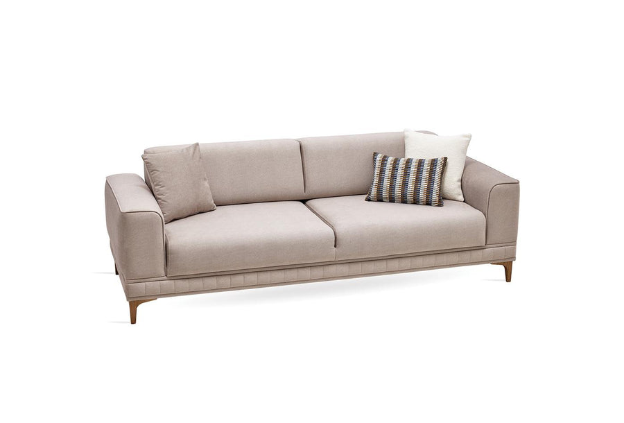 Pavia 3-zitsbank met slaapfunctie in beige fluweel, schuin aanzicht van links
