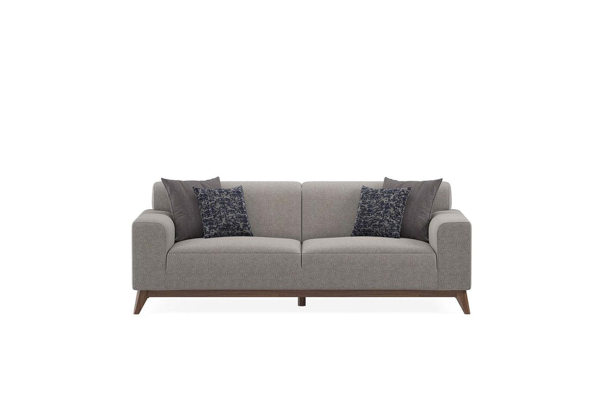 Netha 2 zitsbank in taupe met houten poten, vooraanzicht