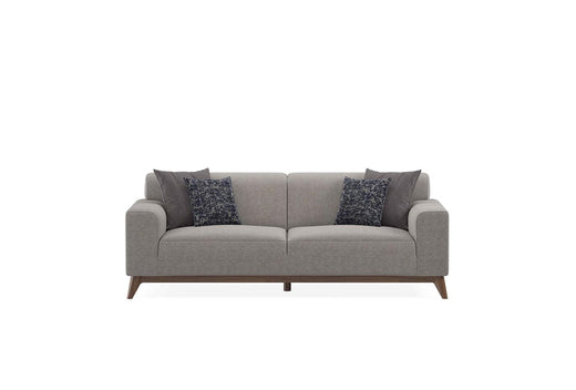 Netha 2 zitsbank in taupe met houten poten, vooraanzicht