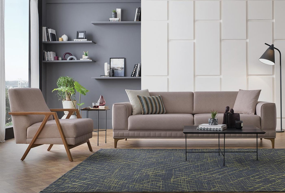 Pavia 3-zitsbank met de Pavia fauteuil in een woonkamer