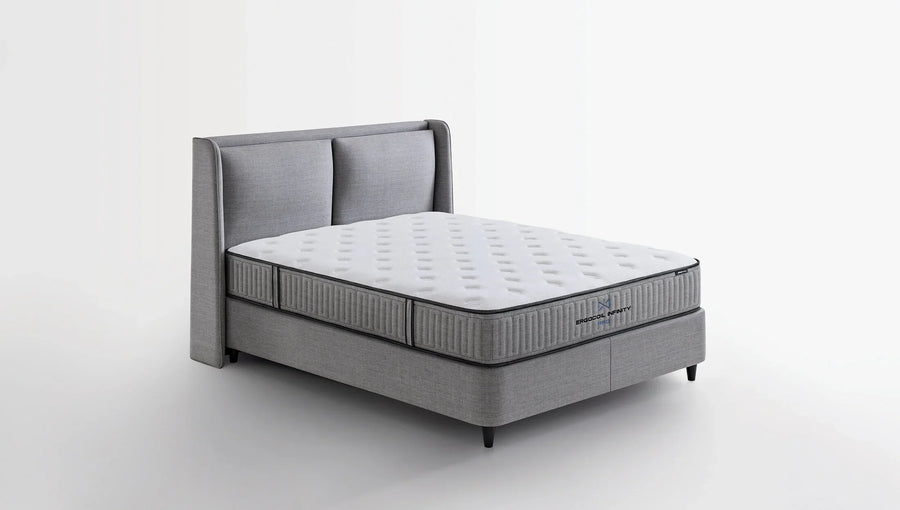 Ergocoil Infinity matras op een grijs bed tegen een witte achtergrond