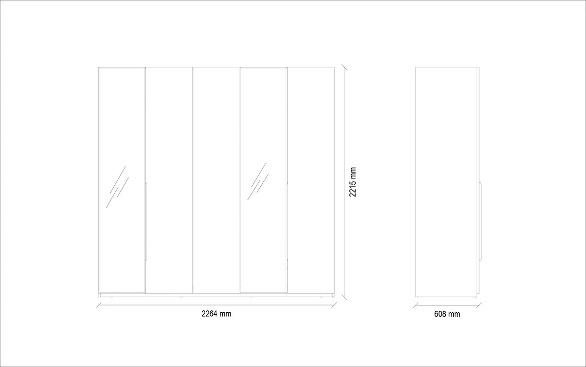 Maattekening van de Legato vijfdeurskast, 2264 mm breed, 2215 mm hoog en 608 mm diep