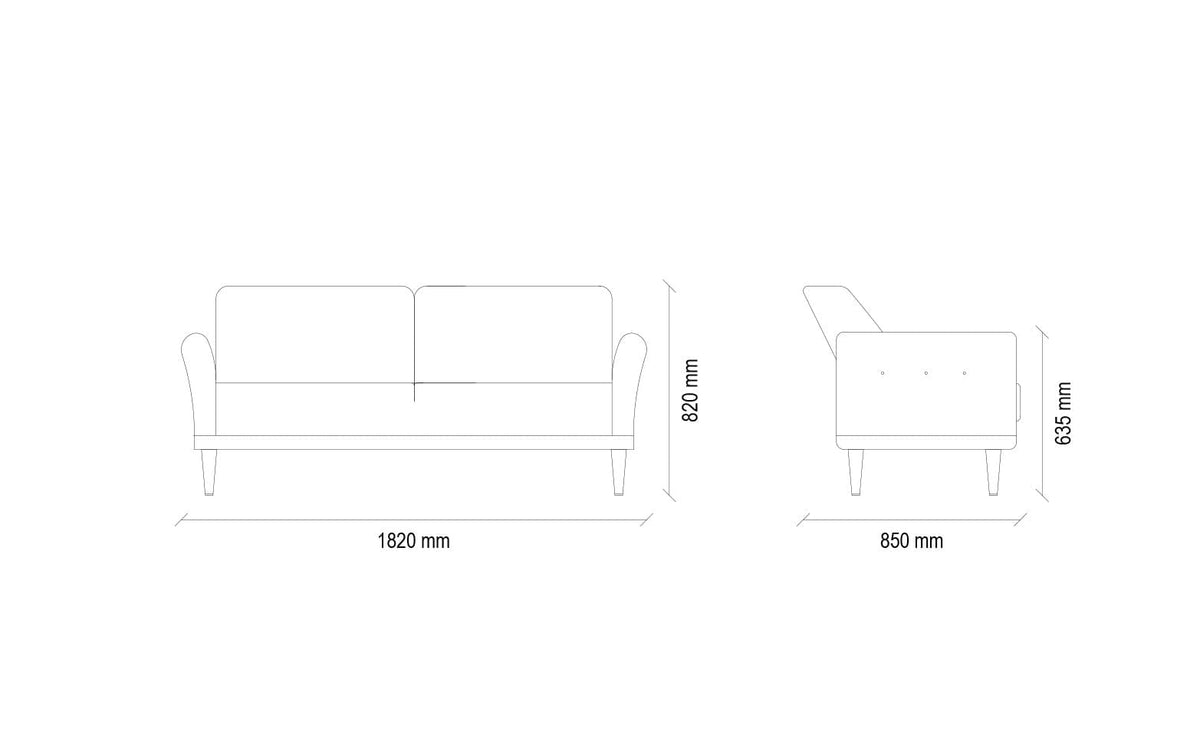 Maattekening van de Loreto 2 zitsbank, 1820 mm breed en 820 mm hoog