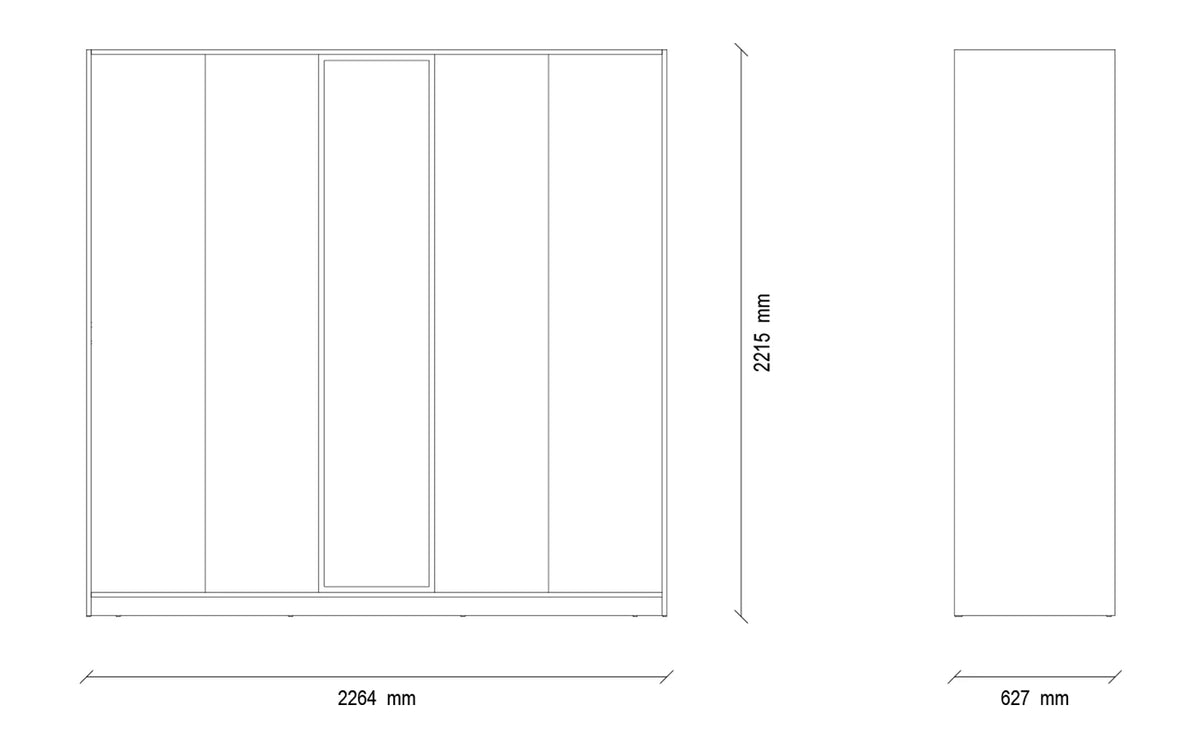 Maattekening van de Loreto vijfdeurskast, 2264 mm breed, 2215 mm hoog en 627 mm diep