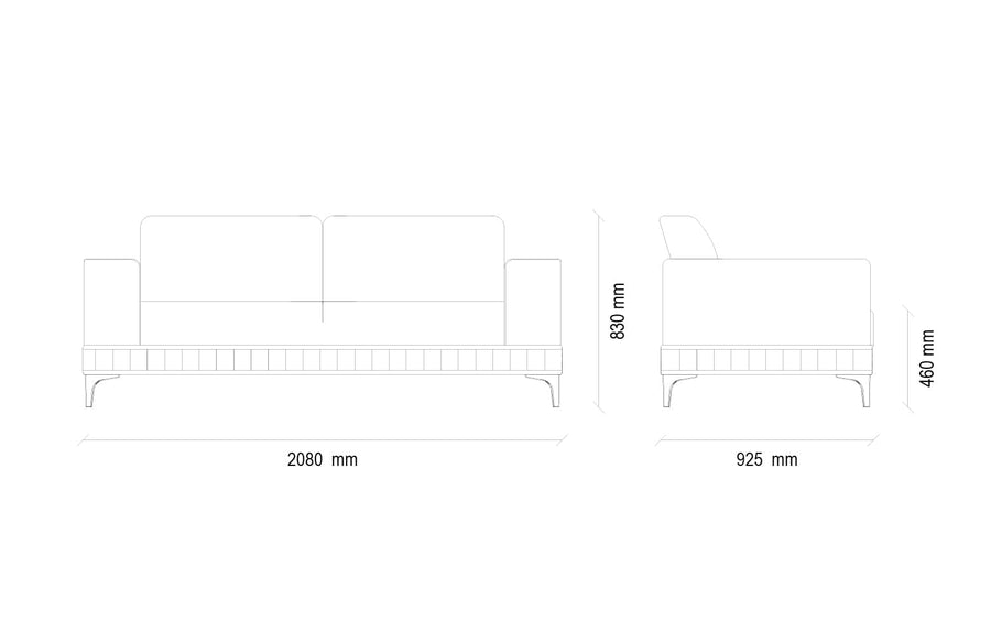 Maattekening van de Pavia 2 zitsbank, 2080 mm breed en 830 mm hoog
