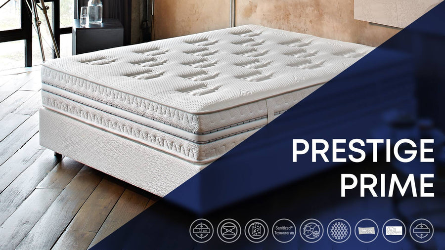 Prestige Prime matras met naam op een donkerblauwe banner