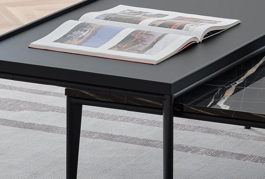 Blad en poot van de Riga salontafel van 115 cm van dichtbij