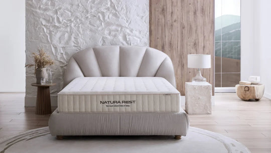 Natura Rest baza bed met schelpvormig hoofdbord in een slaapkamer met natuursteen